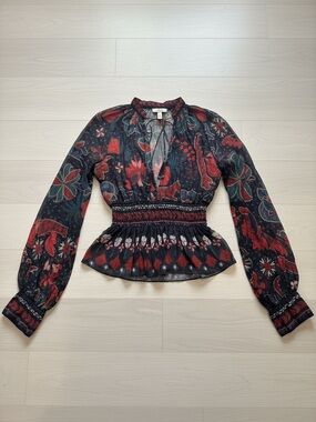 FARM Rio Black Red Floral Smocked Peplum Blouse NWT Boho Top